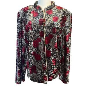 R&K Vintage Evening Black/Red/Gold Velour Feel Button Down Women's Top.  Size 18